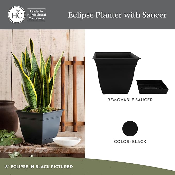 The HC Companies Eclipse Square Planter Pot, 12 Inch, Attached Saucer, Drainage - Image 2