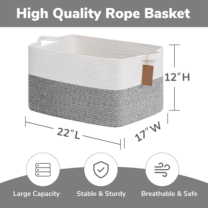 Goodpick 75L Extra Large Woven Rope Blanket Basket, Light Gray | 22" × 17" × - Image 3