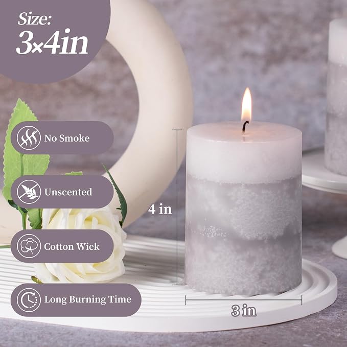KONNI Layered Pillar Candles Set of 3, 2.8"x 4" Table Decor Gray | Handcrafted - Image 2