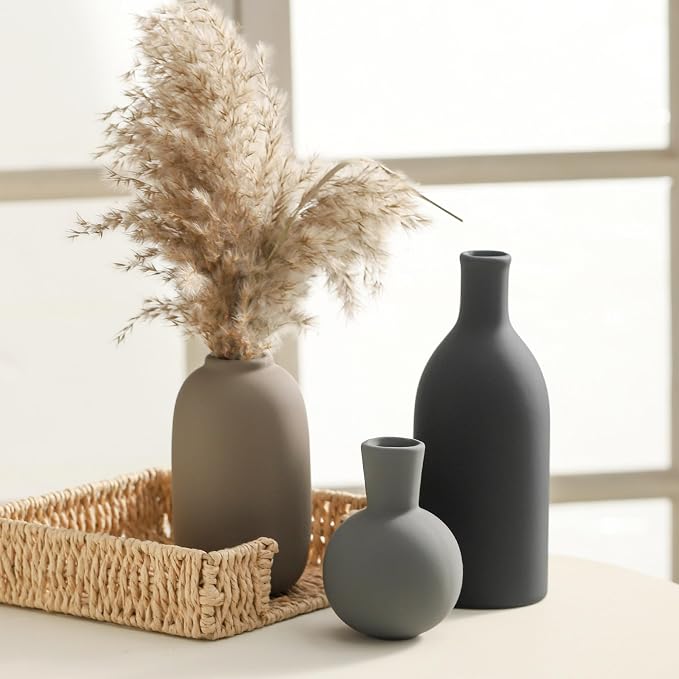 Ceramic Vase Set of 3, Rustic Farmhouse Vases Home Decor Pottery Pampas Vase - Image 2