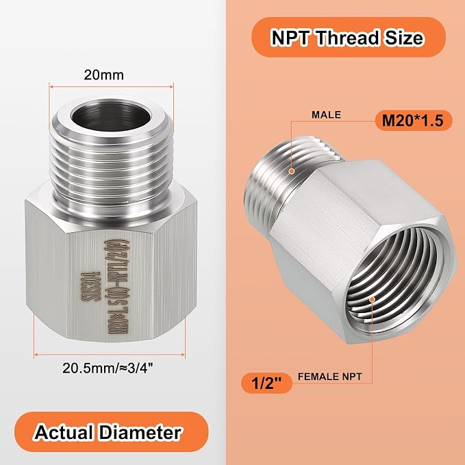 1 Pack 304 Stainless Steel Male to FeMale Adapter, M20*1.5 Male x 1/2" FeMale - Image 2