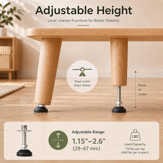M8 x 1.25 Adjustable Leveling Feet, 4 Pack, 20° Swivel Base | Nylon furniture - Image 6