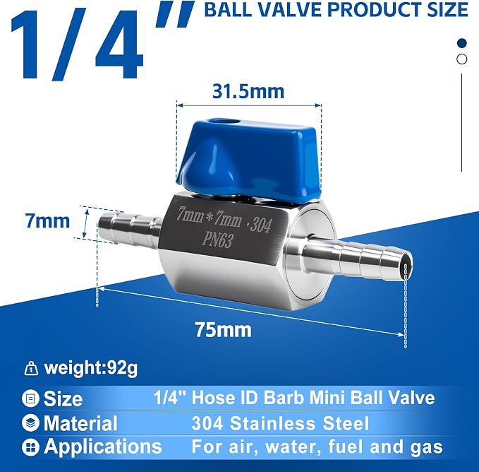 2 Pack 1/4" Hose ID Barb Mini Ball Valve, 304 Stainless Steel Small Shut Off - Image 2