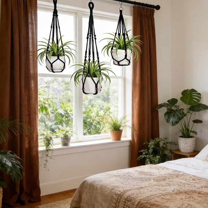 YIBOT Black Macrame Plant Hanger Indoor Hanging Planter Basket | Hanging Plant - Image 7