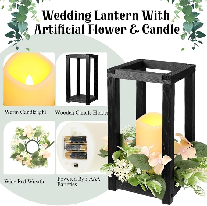 Hushee 30 Pcs Wooden Wedding Lantern Centerpiece Candles Wreaths Set, LED - Image 4