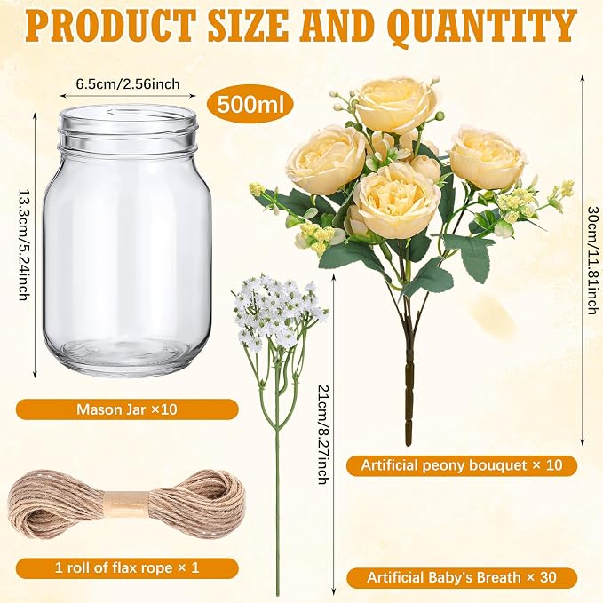 XunYee 10 Set Mason Jars for Centerpieces, Gypsophila | Mason Jar Flower Vases - Image 2