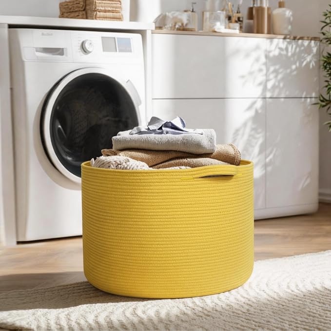 Extra Large 115L Yellow Basket, 23.6" x15.7 Cotton Rope Yellow Decor - Image 7