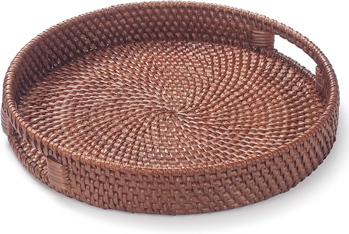11.8 inch Round Rattan Tray, Decorative Coffee Table Tray, Ottoman Trays by YANGQIHOME