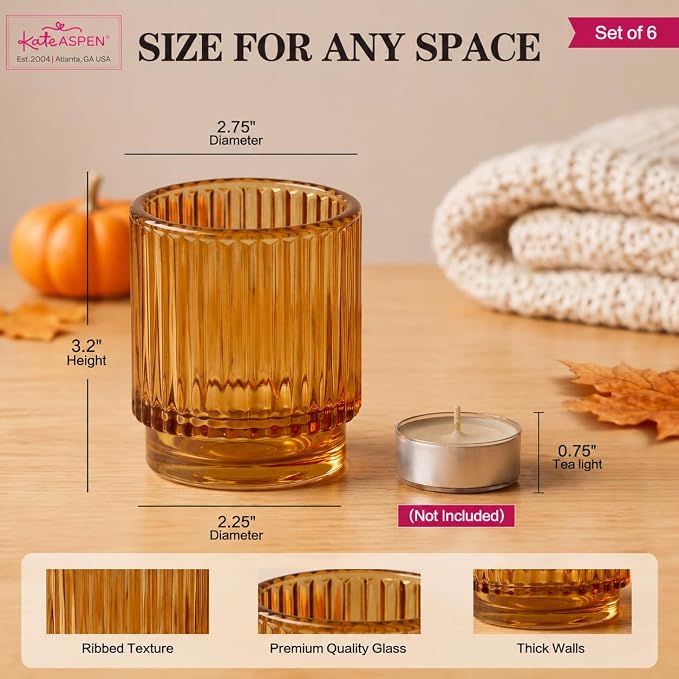 Kate Aspen Vintage Glass Tealight & Amber Votive Candle Holders Rustic Fluted - Image 6