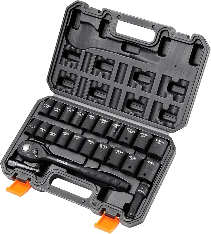 VEVOR 1/2" Drive Impact Socket Set, 23 Piece Socket Set SAE （7/16" -1"）& Metric by VEVOR
