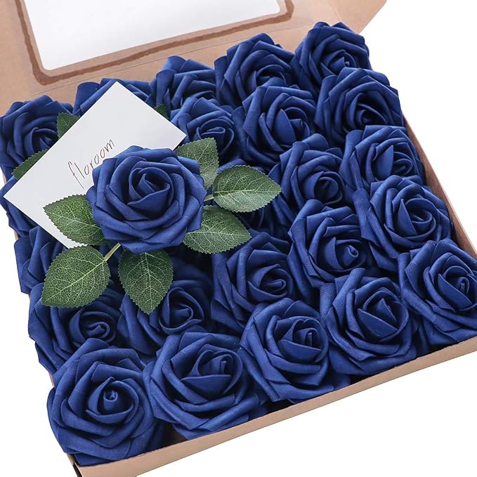 Artificial Flowers 25pcs Real Looking Royal Blue Foam Fake Roses by Floroom
