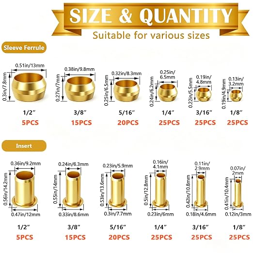 230PCS 6 Sizes Brass Compression Fittings Assortment kit- 1/2", 1/8" Insert - Image 2