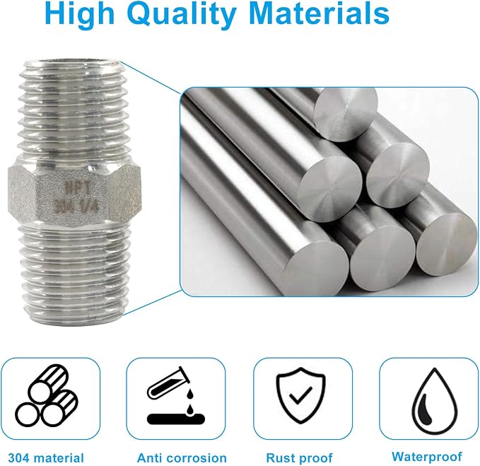 1/4" Male x 1/4" Male NPT Hex Nipple Pipe Fittings | 304 Stainless Steel - Image 3