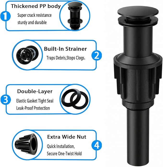 Bathroom Sink Drain Without Overflow- Matte Black Pop up Drain - Image 7