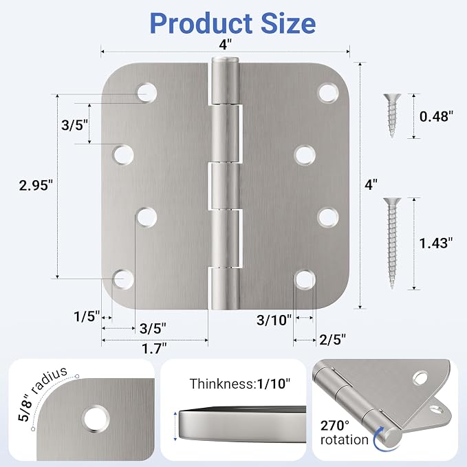 6 Pack 4 Inch Door Hinges Satin Nickel, Heavy Duty Solid Iron Interior & - Image 2