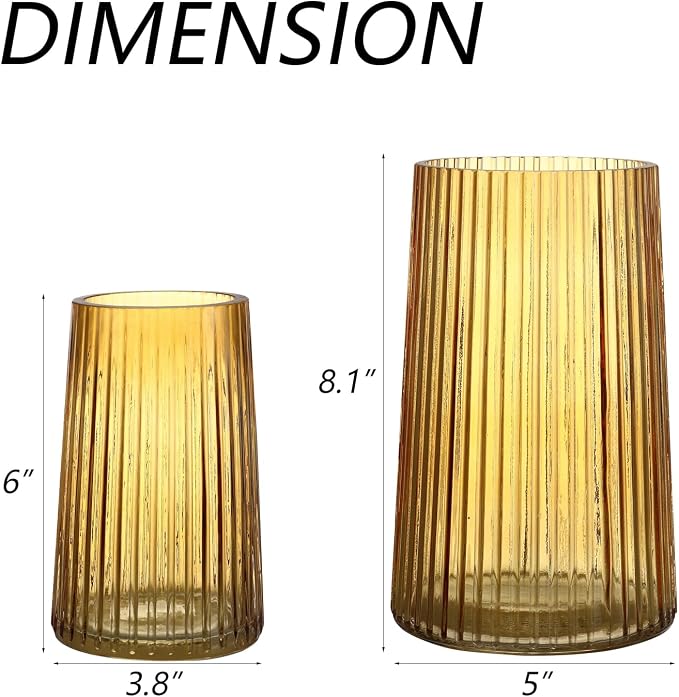 Ribbed Flower Vases Set of 2, Amber Vases - Image 6