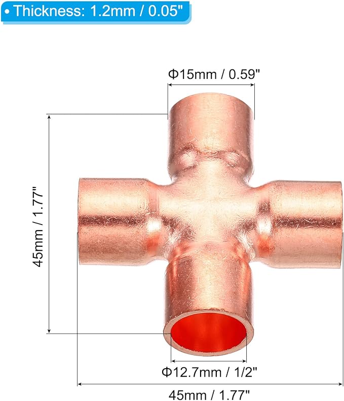 PATIKIL Copper Union Cross Pipe Fitting 1/2" ID 4 Way Welding Copper | End Feed - Image 2