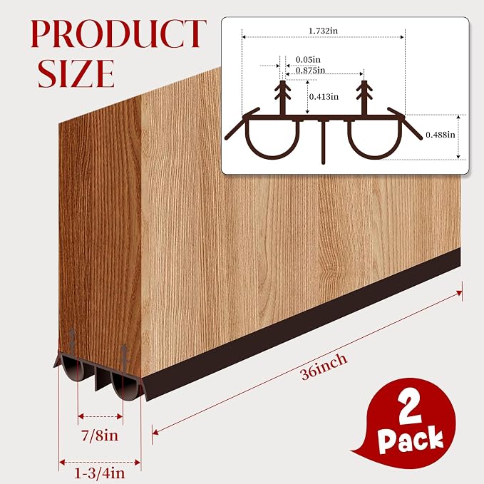 2 Pcs 36" Brown Double Bubble Kerf Door Sweep | 1-3/4" Wide Weatherstrip Seal - Image 2