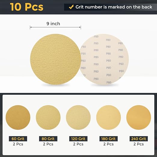 HARFINGTON 10Pcs 9Inch Sanding Disc Hook & Loop Gold Aluminum Oxide | - Image 2