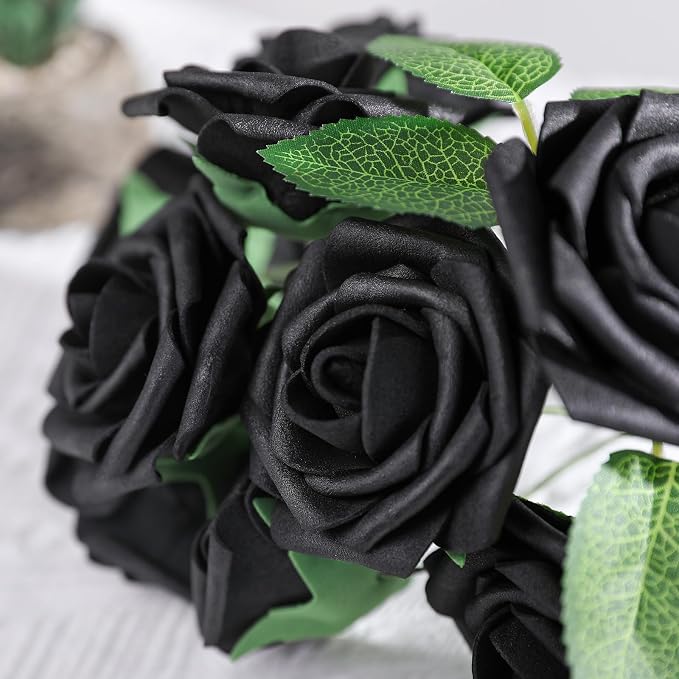 AmyHomie Black Rose 25pcs Real Looking Artificial Flowers w/Stem | Bouquet - Image 7