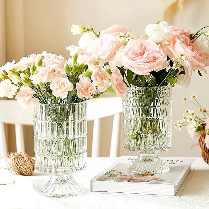 BLOFLO Embossed Glass Vase, Pedestal Big Base Glass Bouquet Vase, Hydroponic - Image 7