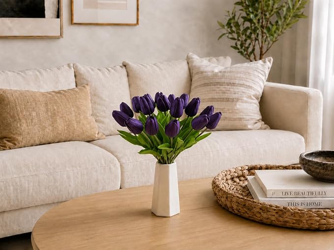 Mandy's 20pcs Artificial Dark Purple Tulips | 13.5 Inch Lifelike PU Tulips Faux - Image 5