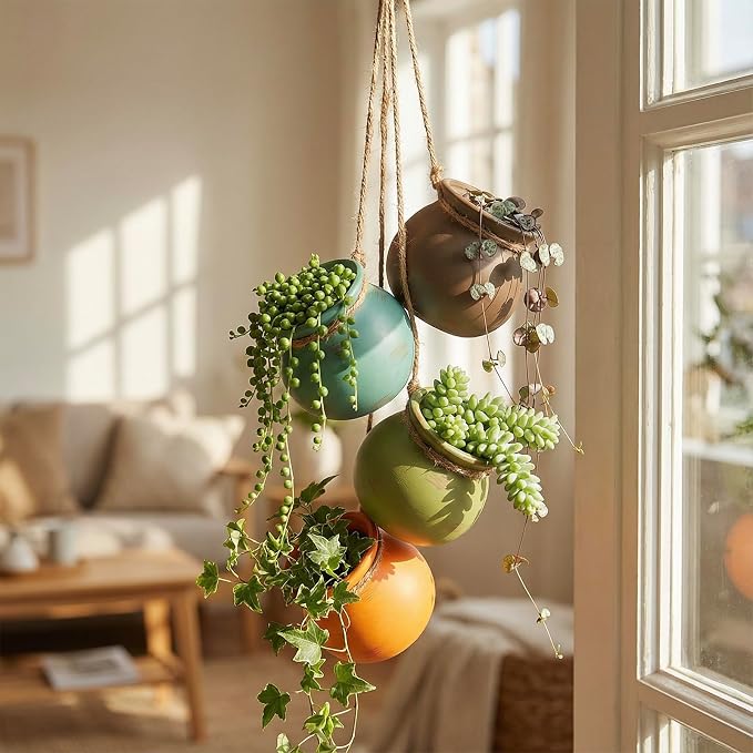 MyGift Dangling Southwest Desert Color Ceramic, 4 Pot Set | Wall or Ceiling - Image 2