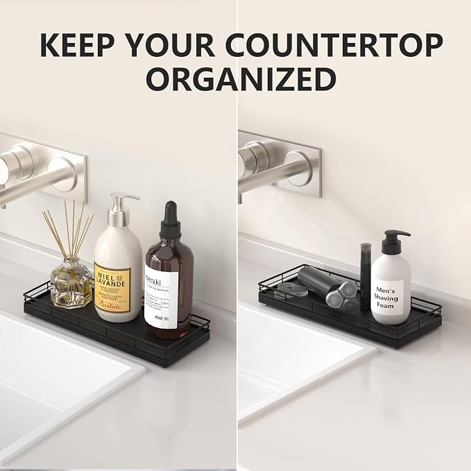 Bathroom Tray for Counter Top Organizer, Oak Wood Vanity Tray | Metal Frame for - Image 2