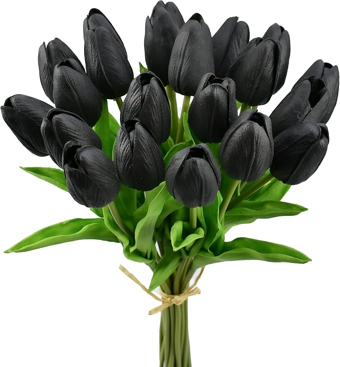 Mandy's 20pcs Artificial Black Tulips | 13.5 Inch Lifelike PU Tulips Faux by Mandys