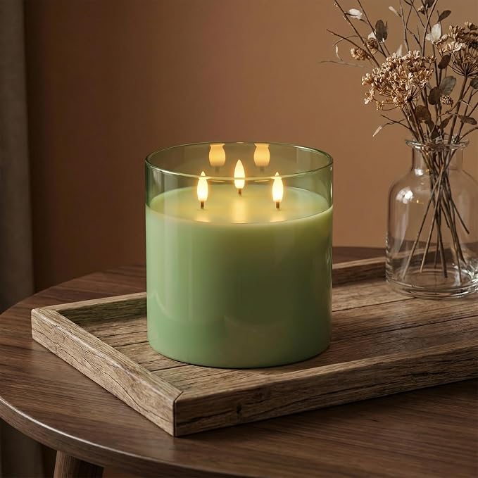 Homemory Sage Green Large Glass Flameless LED Candle, 3 Wicks, Remote Timer | - Image 2