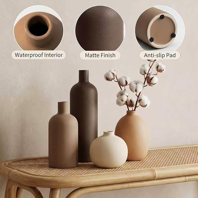 Neutral Ceramic Vase Set of 4, Modern Colors Home Decor, Rustic Farmhouse - Image 6