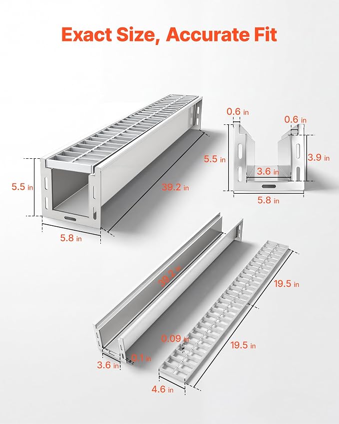 VEVOR Trench Drain, 39.2 x 5.8 x 5.5 in, Linear Drainage Channel - Image 2