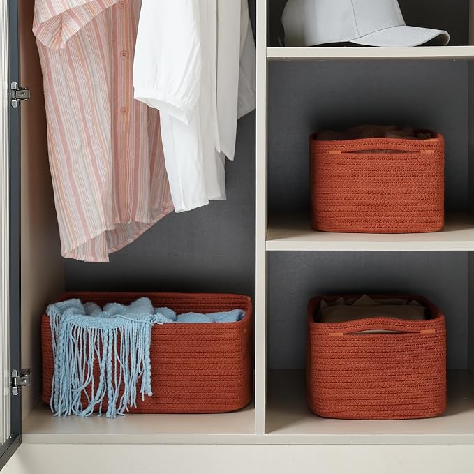 3 Pack Storage Baskets for Organizing, 13.7×9.5×6.3", Brick Red | Woven Baskets - Image 7