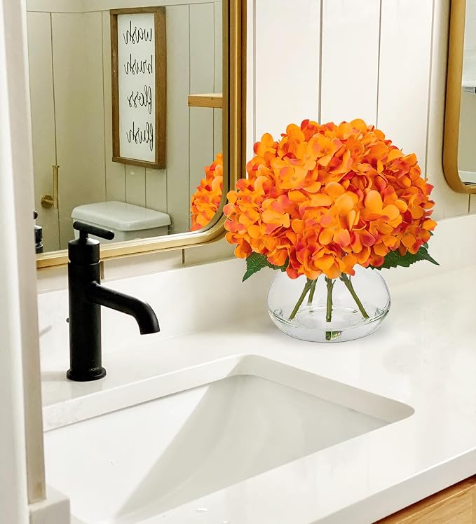 Hollyone Hydrangea Artificial Flowers in Vase Orange Silk Fake Flowers - Image 3