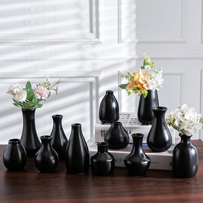 Black Ceramic Bud Vase Set of 12 Glossy Modern Flower Vases | Elegant mini by Sowlvenco