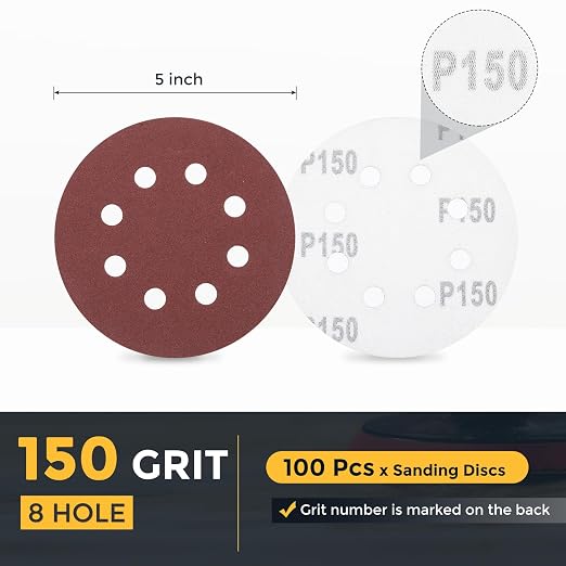HARFINGTON 100 Pcs 5 Inch Sanding Discs 150 Grit Red Aluminum Oxide 8 Hole | - Image 2