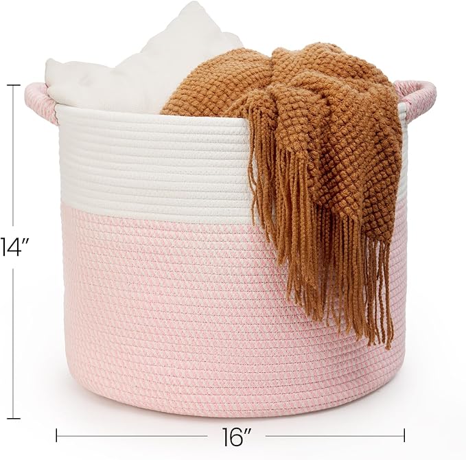 Blanket Basket for Living Room, Woven Rope Storage Basket | 16"D x 14"H | White - Image 2