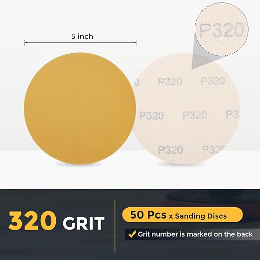 HARFINGTON 50 Pcs 5 Inch Sanding Discs 320 Grit Yellow Aluminum Oxide | Hook - Image 2