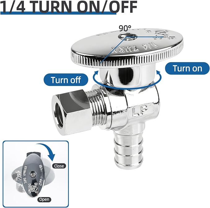 Angle Stop Valve 1/2" PEX x 3/8" OD Comp, 1/4 Turn Shut Off Valve, Chrome - Image 6