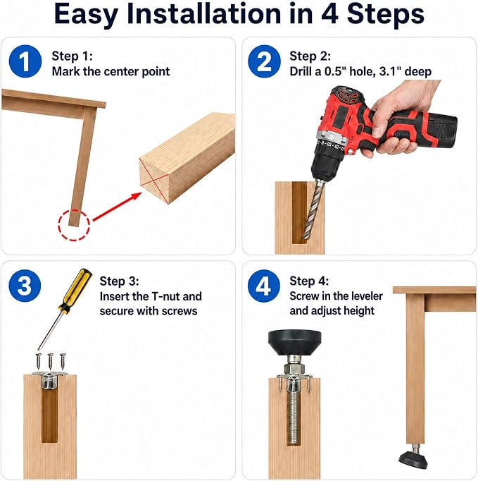 M10 Adjustable Leveling Feet, 4 Pack, 20° Swivel Base - Image 6