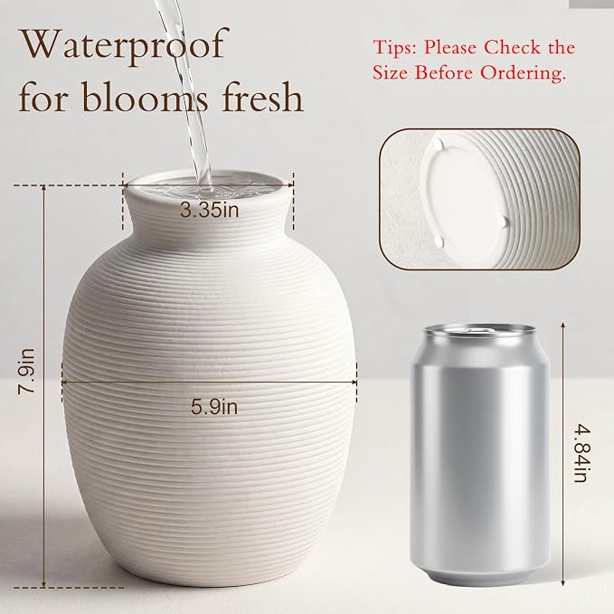 White Ceramic Vase for Flowers, 8in Waterproof Pottery Ceramic Vases | Flower - Image 2