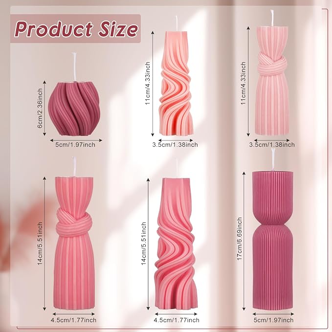 Threlaco 6 Pcs Pink Pillar Candles Decorative Modern Aesthetic Ribbed Candle - Image 2