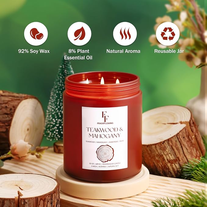 Teakwood & Mahogany Large Christmas Scented Candle, 3-Wick 22oz Long Lasting - Image 2