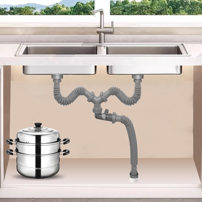 Double Sink Drain Kit Flexible 1 1/2 Inch P-Trap Pipe Comes - Image 3