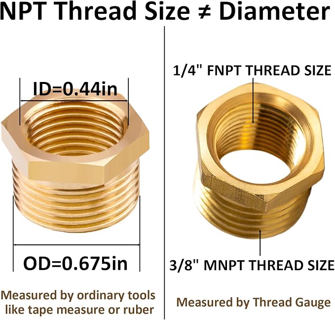10Pcs Brass Reducer Hex Bushing 3/8" NPT Male x 1/4" NPT Female Threaded Pipe - Image 4
