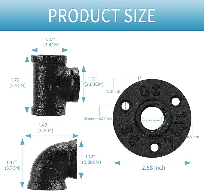 1/2" Black Pipe Fitting, Home TZH 20 Pack Floor Flange/Elbow/Tee Combo - Image 2