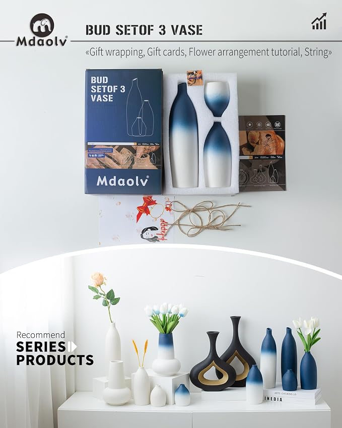 Mdaolv Blue and White Vase Set Navy Blue Decor Coastal Decor Vases - Image 6