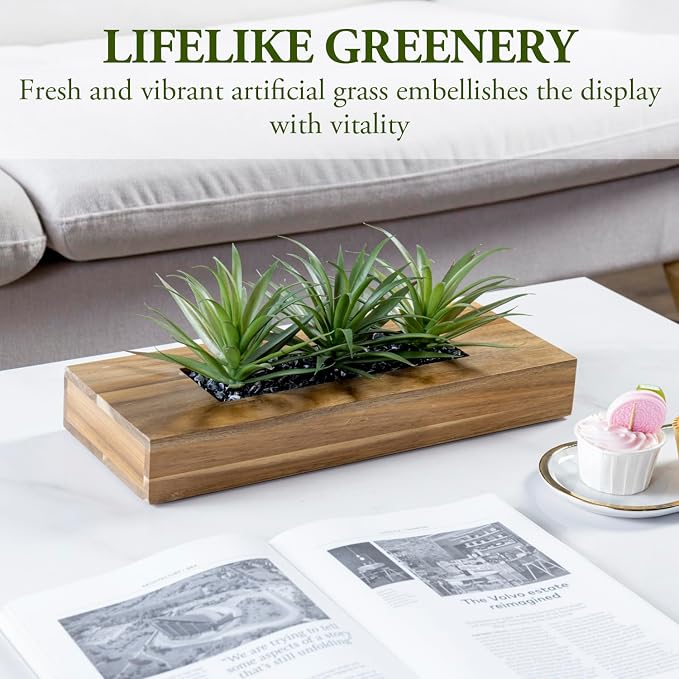 MyGift 15 Inch Artificial Green Grass Plant Acacia Wood Planter | Realistic - Image 2