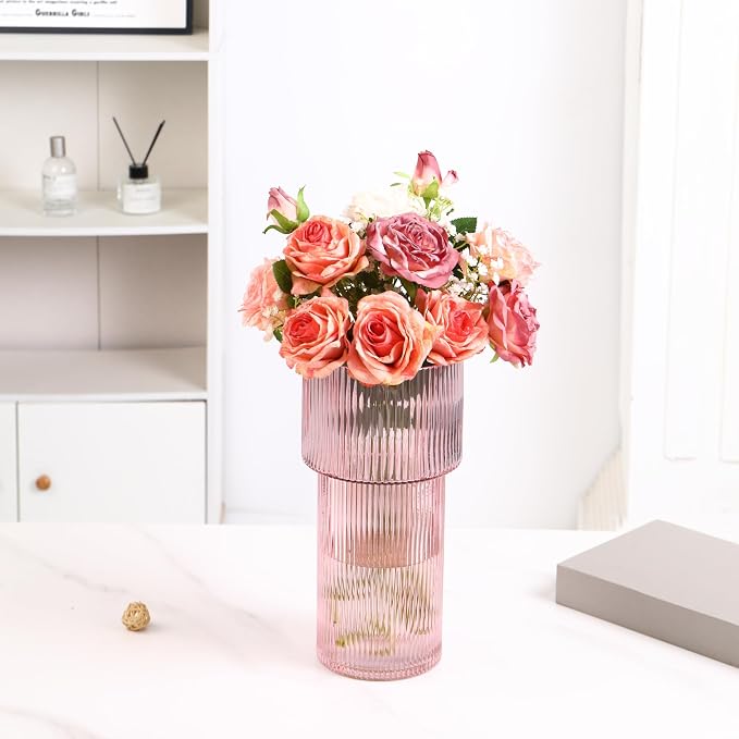Large Pink Glass Vase, 12 Inches Tall Fluted Vase - Image 4