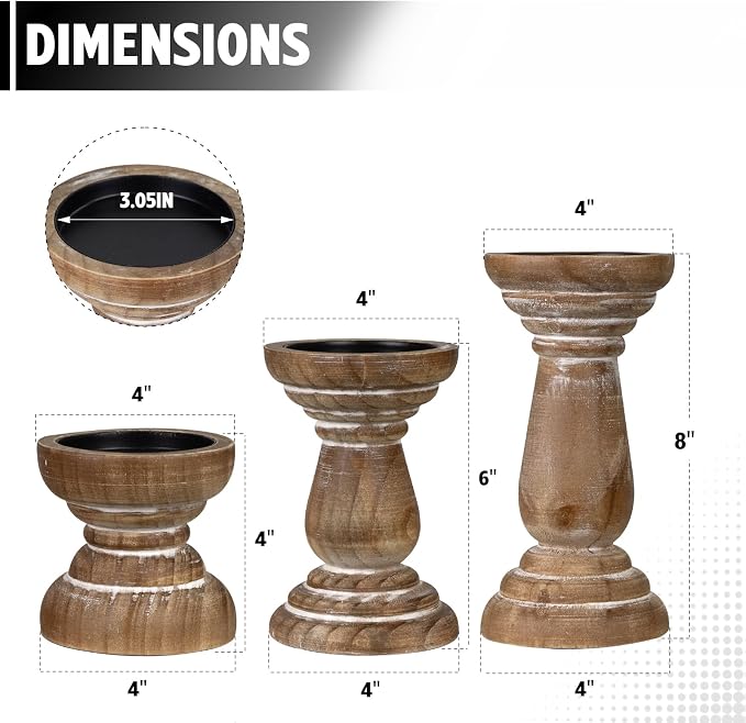 Candle Holder for Pillar Candle Set of 3, Farmhouse Wood Candle Holder - Image 2